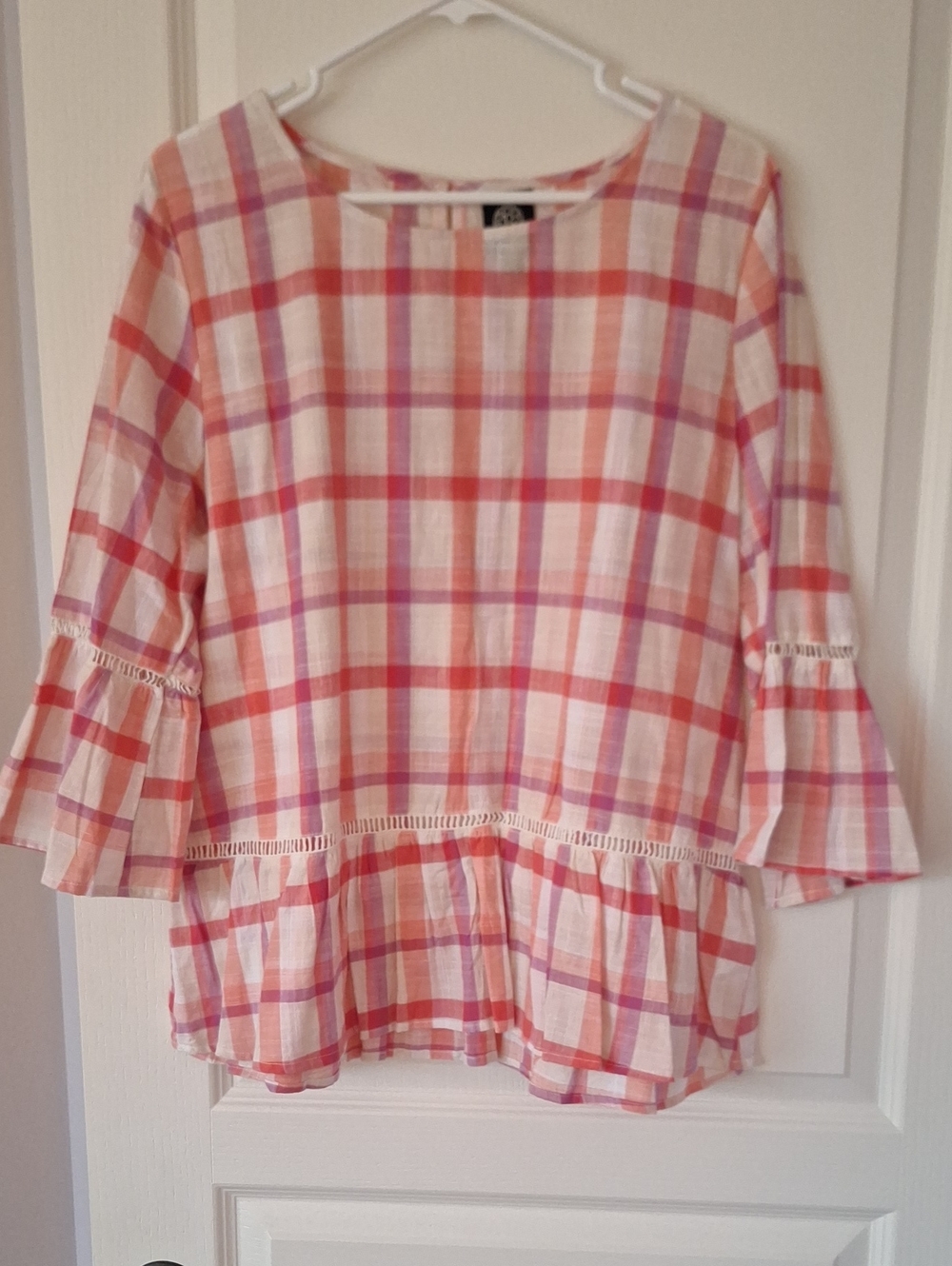 Bobeau Coral, Pink & White Plaid Peplum Tunic